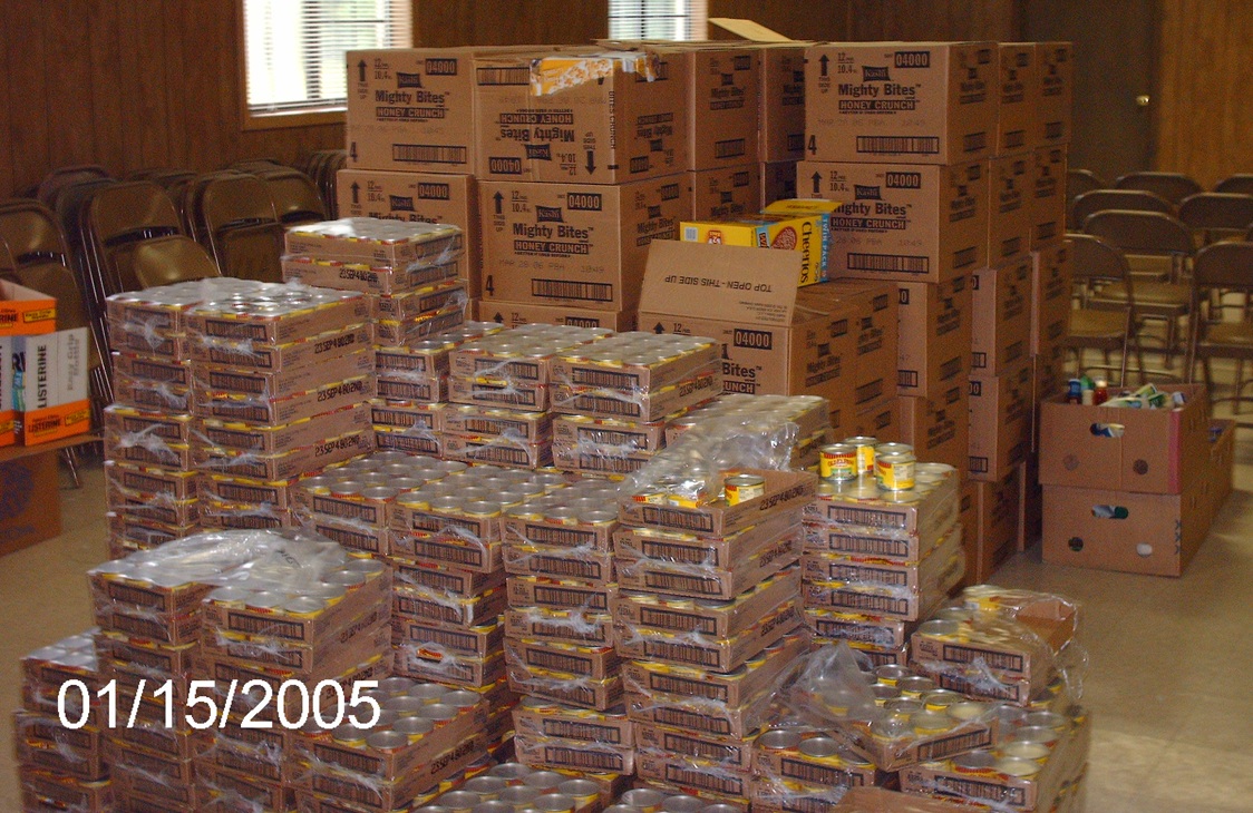 Stacks of boxed food cans