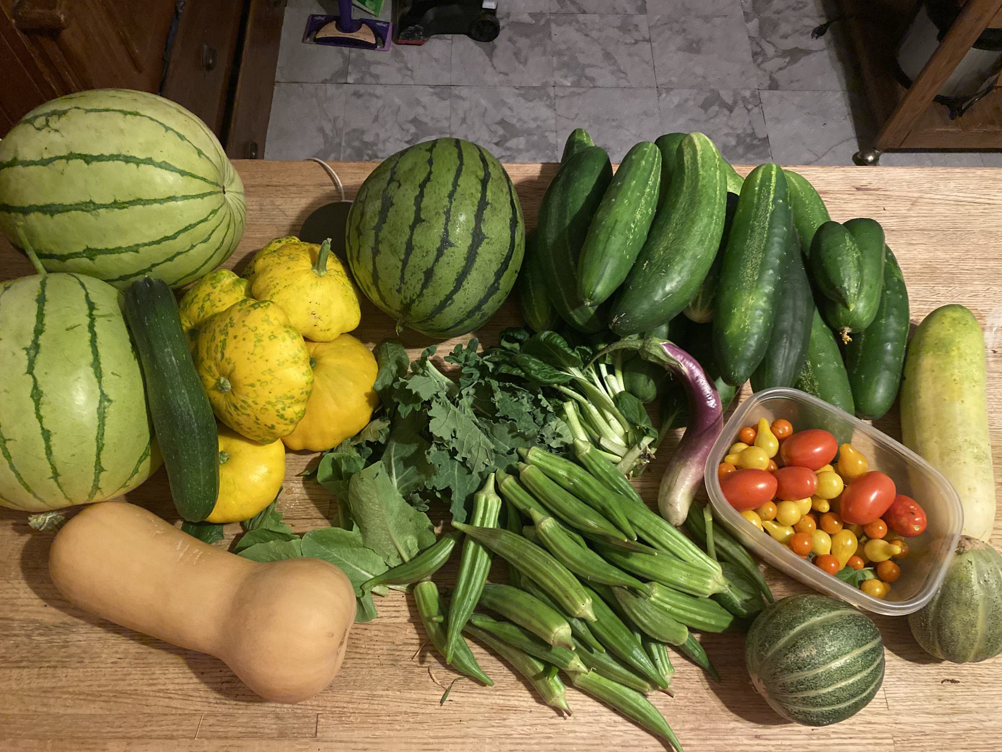 Squash and other vegetables on a cutting board