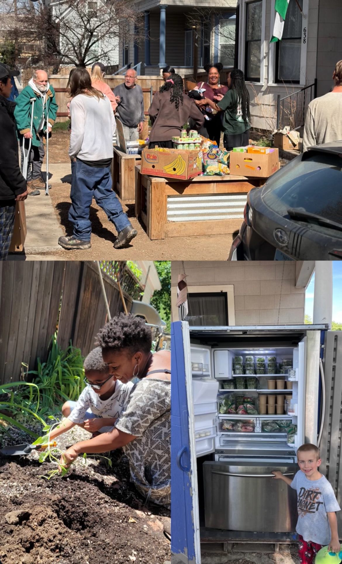 Several images of elders and children in the garden and food pantry